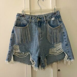 Cider High Waisted Ripped Jean Shorts with Rhinestone Tassels